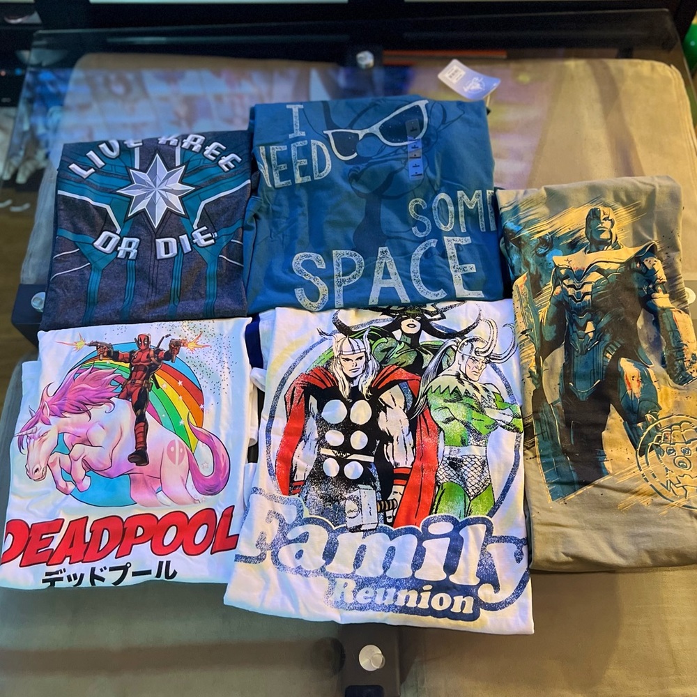 Marvel Disney Lot of 5 Tees NWTS Thor, Deadpool, Thanos, Stitch L